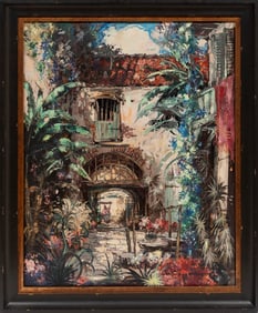 Colette Pope Heldner, American/Louisiana 1902-1990, ?French Quarter Courtyard?, oil on found