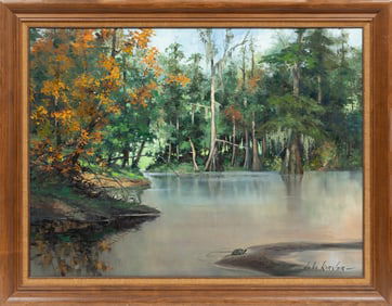 John Korver, American/Louisiana 1910-1988, "Swamp Scene with Turtle", oil on canvas