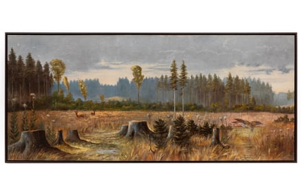 John Geiser, Swiss/Louisiana 1869-1943, "Forested Landscape with Partridge and Deer", oil on canvas