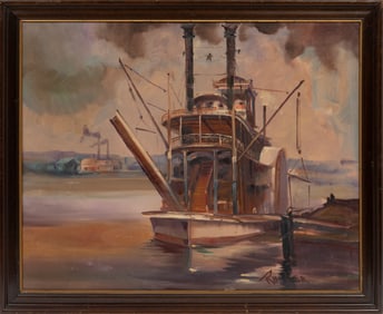 Robert Malcolm Rucker, American/Louisiana 1932-2001, ?Steamboat at Dock?, oil on canvas