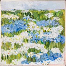 Rise Delmar-Ochsner, American/Louisiana 1944-2025, "Field of Blue and White Flowers", oil on canvas