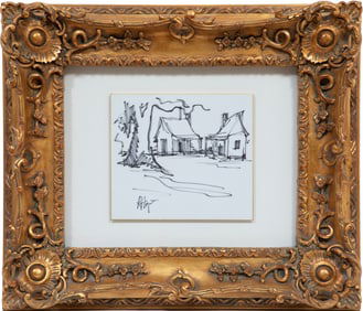 George Rodrigue, American/Louisiana 1944-2013, "Bayou Cabins with Oak Tree", marker on board