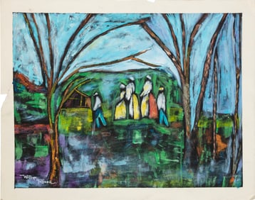 William Tolliver, American/Louisiana 1951-2000, ?Going to Church?, mixed media on paper