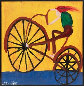 Woodie Long, American/Alabama 1942-2009, ?Tricyclist on Yellow?, oil on panel