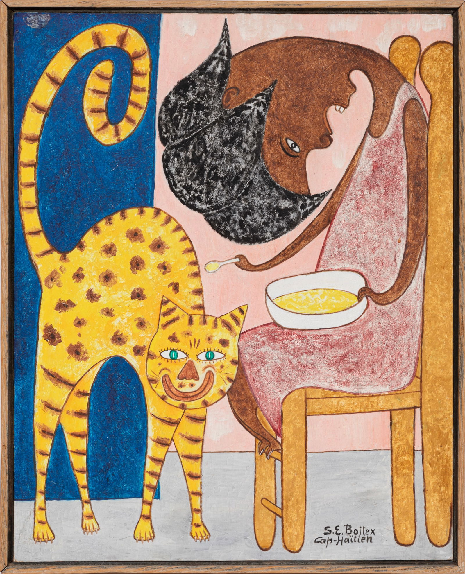 Seymour Etienne Bottex, Haitian 1922-2016, "Femme et Chat", oil on masonite: Seymour Etienne BottexHaitian, 1922-2016"Femme et Chat"oil on masonitesigned and localized lower right, framed.19 7/8 x 15 7/8 in. (50.5 x 40.3 cm.), Frame: 20 3/4 x 16 3/4 x 1 1/4 in. (52.7 x 42.5 x