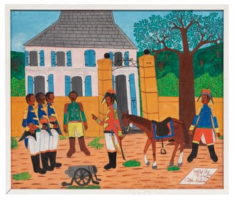 Michel M. Obin, Haitian b. 1949, "Casernes", oil on masonite