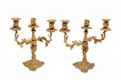 Pair of Antique French Gilt Bronze Three-Light Candelabra