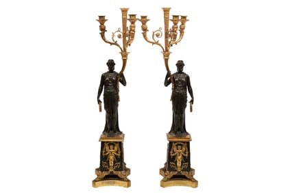 Pair of Empire Gilt and Patinated Bronze Figural Four-Light Candelabra