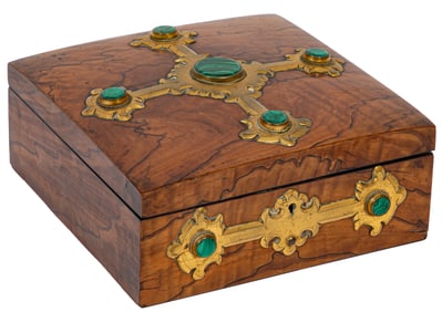Antique French Malachite Mounted Burl Circassian Games Box Retailed by Tiffany