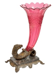Continental Cranberry Glass, Bronze and Marble Rhyton Vase