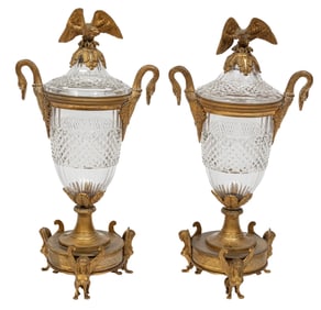 Pair of Antique French Gilt Bronze Mounted Diamond-Point Crystal Covered Urns