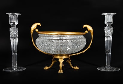 Gilt Bronze Mounted Brilliant Cut Crystal Centerpiece Bowl with Birds