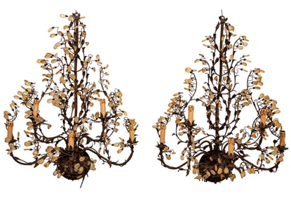 Pair of French Wrought-Iron and Crystal Five-Light Sconces