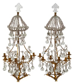 Pair of Louis XVI-Style Gilt Metal and Crystal Seven-Light Girandoles