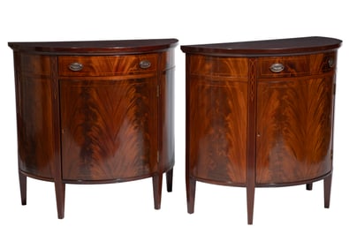 Pair of Georgian-Style Inlaid Figured Mahogany Demilune Cabinets