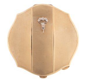 Art Deco 9 kt. Yellow Gold and Diamond Engine-Turned Powder Compact