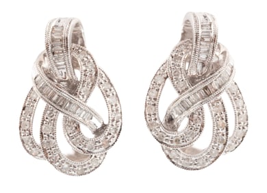 Pair of 14 kt. White Gold and Diamond Knot Earrings