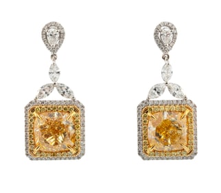Pair of 18 kt. Two Tone Gold, Yellow Diamond and Diamond Earrings