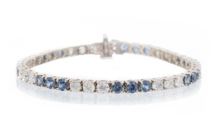 14 kt. White Gold, Blue Sapphire and Diamond Line Bracelet