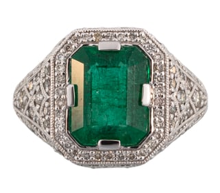 Art Deco Style Platinum, Emerald and Diamond Ring