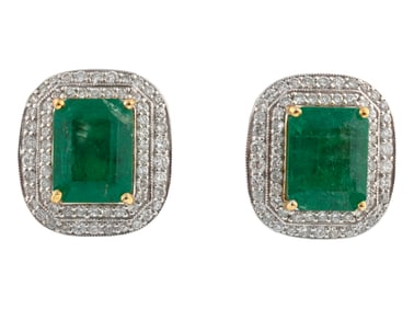 Pair of Platinum, 18 kt. Yellow Gold, Emerald and Diamond Stud Earrings