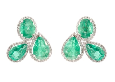Pair of 18 kt. White Gold, Emerald and Diamond Earrings