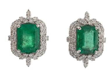 Platinum, Emerald and Diamond Stud Earrings