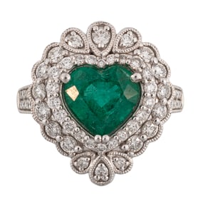 Platinum, Heart Shape Emerald and Diamond Ring