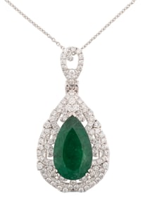Platinum, Emerald and Diamond Pendant on Chain