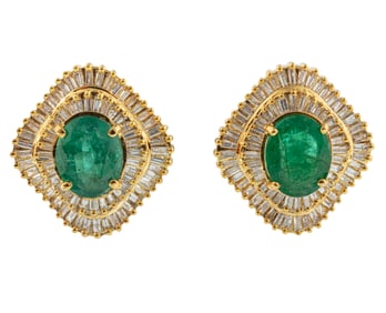 Pair of 14 kt. Yellow Gold, Emerald and Diamond Earrings