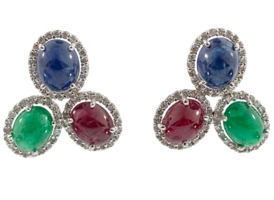 Pair of 18 kt. White Gold, Emerald, Sapphire, Ruby and Diamond Earrings