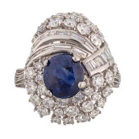 Platinum, Blue Sapphire and Diamond Ring