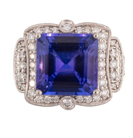 Art Deco Style Platinum, Tanzanite and Diamond Ring