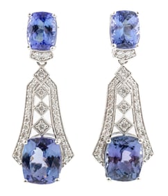 Pair of Art Deco Style Platinum, Tanzanite and Diamond Dangle Earrings