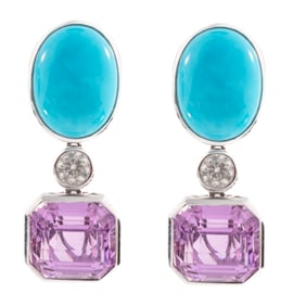Pair of 14 kt. White Gold, Turquoise and Kunzite Dangle Earrings