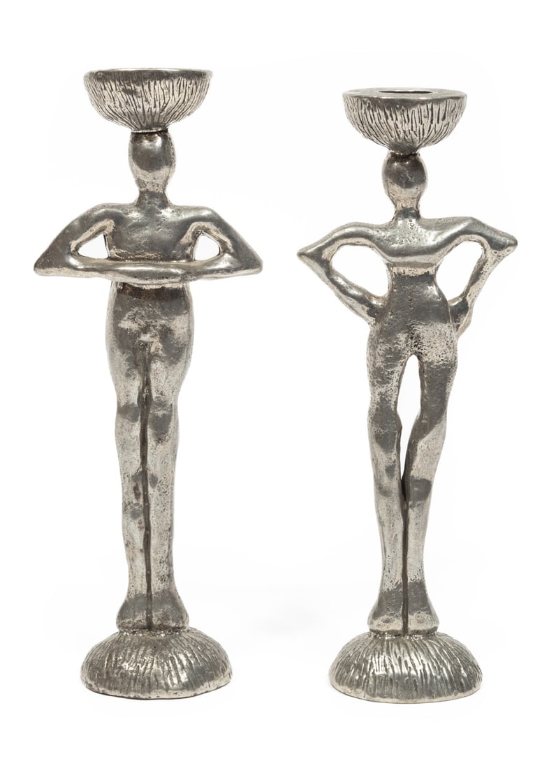 Patrick Meyer Studio Pewter Figural Candlesticks: Patrick Meyer Studio Pewter Figural Candlesticks, stampedtaller: 10 1/8 in., w. 3 3/4 in., d. 2 1/8 in.