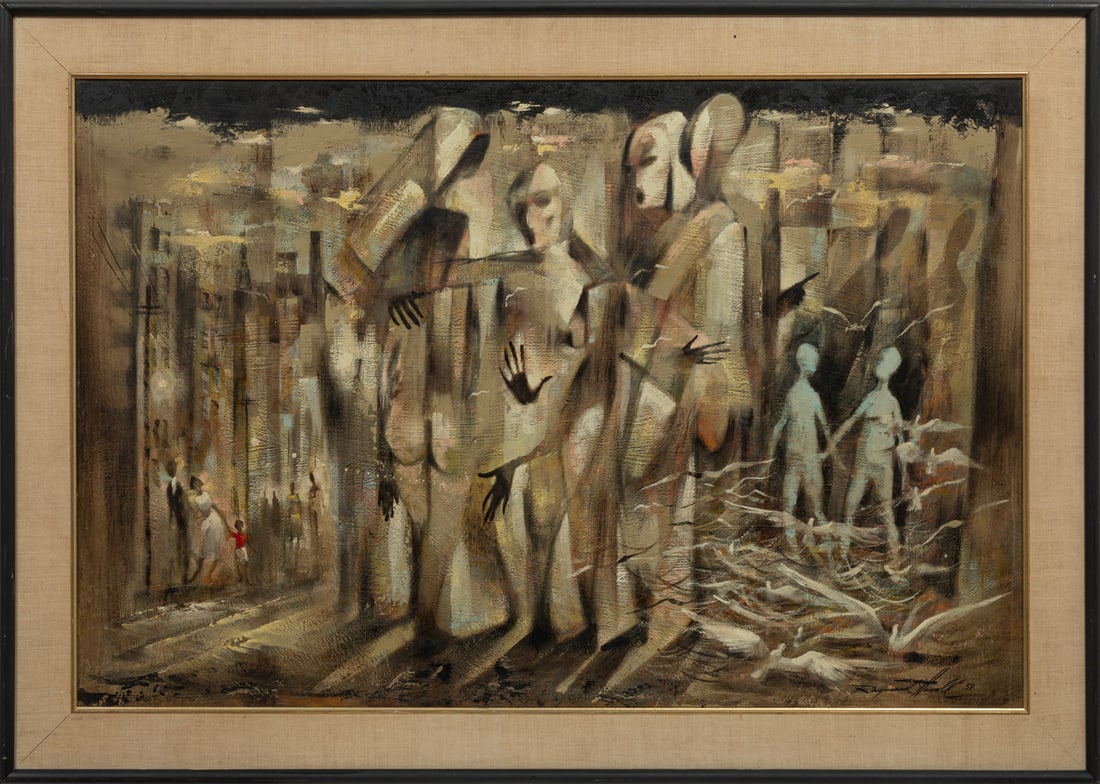 Raymond Howell, American/California 1927-2002, "Untitled: Ghostly Figures in an Urban Landscape", (1 of 3)