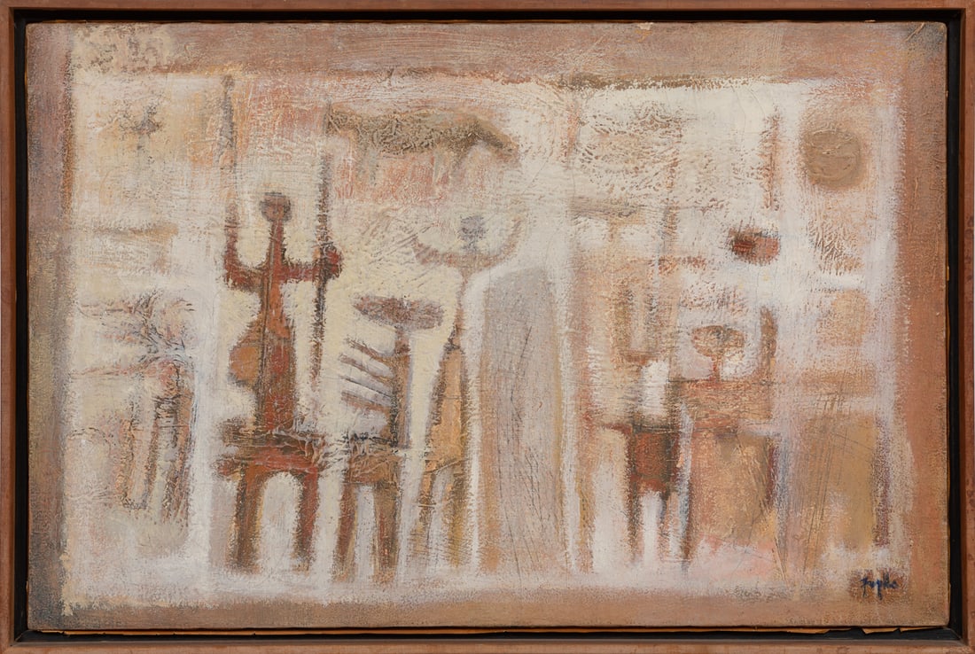 Guillermo Trujillo, Panamanian 1927-2018, ?Ritos?, oil on canvas: Guillermo TrujilloPanamanian, 1927-2018?Ritos?oil on canvas1959, signed lower right, titled under label, inscribed "8", "V Bienal de S?o Paulo Museu de Arte Moderna" label and stamp with artist on str