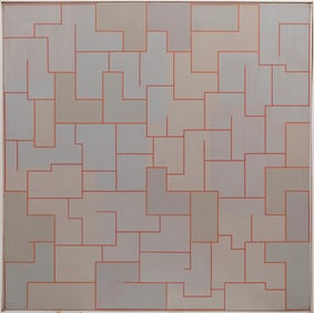 Peter Anthony Stroud, British/United States 1921-2012, "Red on Gray over Gold", acrylic on canvas