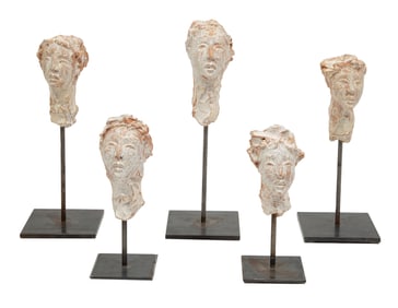 Claire McArdle, American/Colorado 20th c., "Untitled: Heads", 5 terracotta and travertine carved