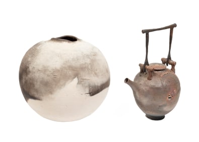 Tom Neugebauer, American/Pennsylvania 20th c., "Teapot" and "Large Spherical Vase", raku-fired