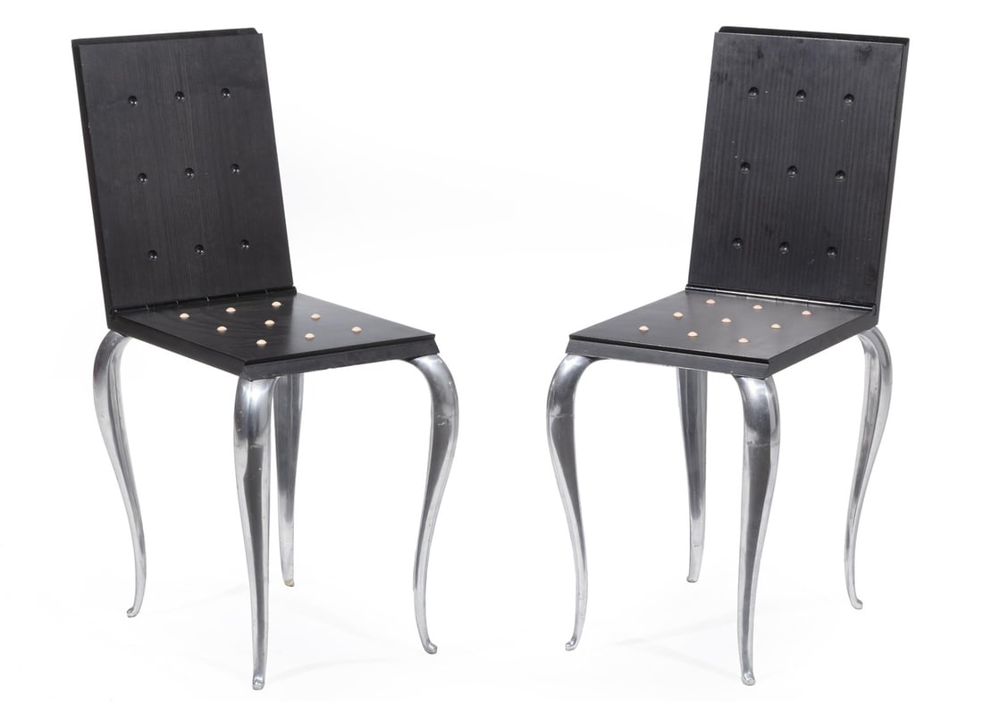 Pair of Philippe Starck for Driade "Lola Mundo" Chairs: Pair of Philippe Starck for Driade "Lola Mundo" Chairs1980s, France, mahogany, cast aluminum, folding back converts chair to table, h. (closed) h. (open) 33 1/2 in., w. 12 in., d. 16 1/2 in.