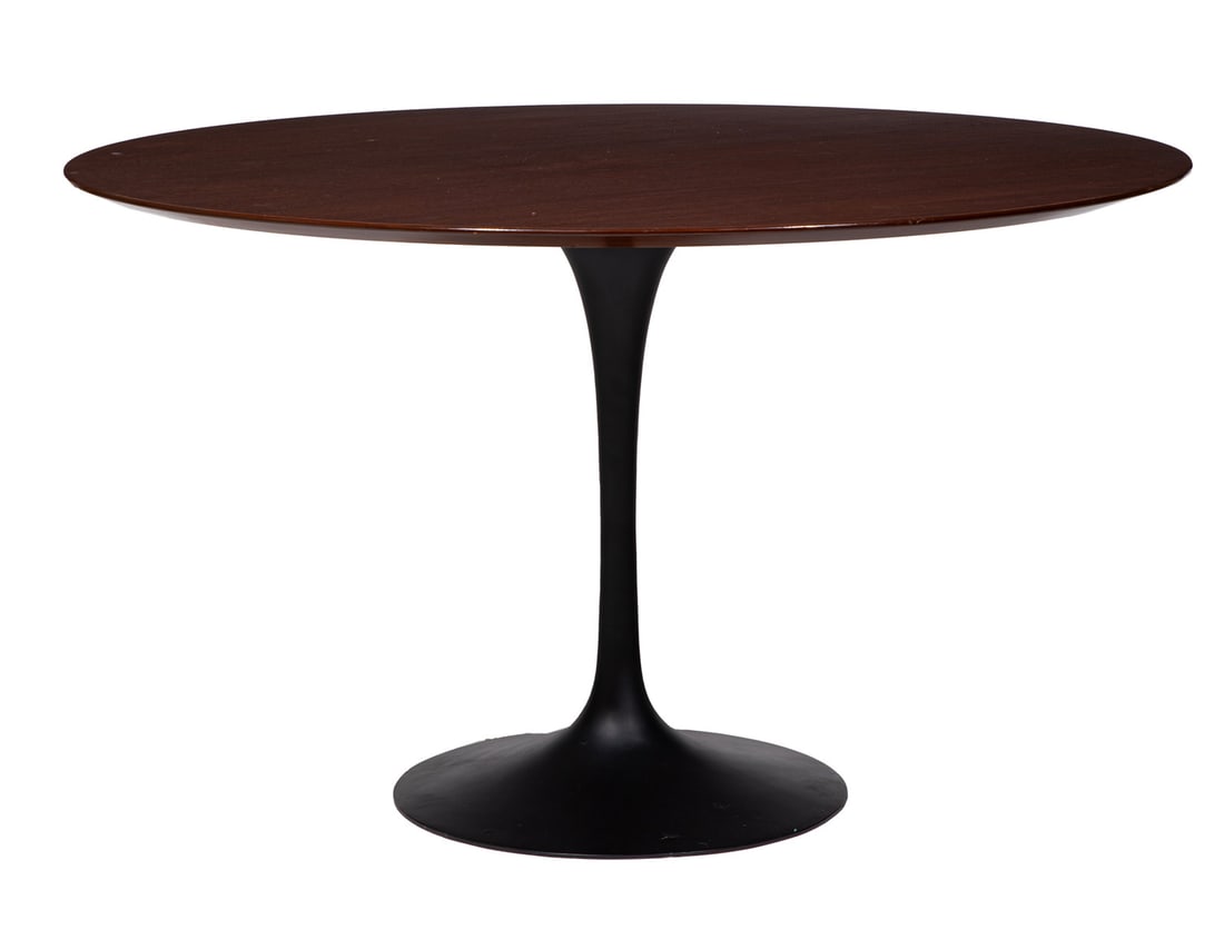 Saarinen-Style "Tulip" Walnut Dining Table: Saarinen-Style "Tulip" Walnut Dining Tablebeveled round walnut top, black-painted base, h. 28 in., dia. 48 in.28 1/2 x 48 x 48 in. (72.4 x 121.9 x 121.9 cm.)