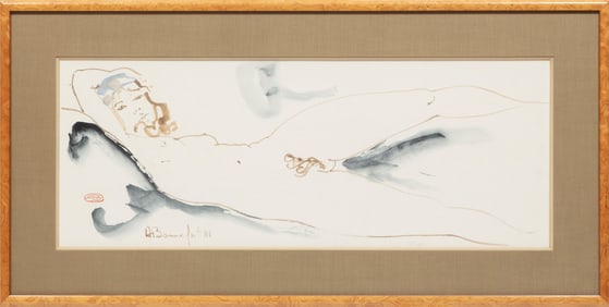 Alain Bonnefoit, French b. 1937, "Nue Allong?e", ink wash on paper