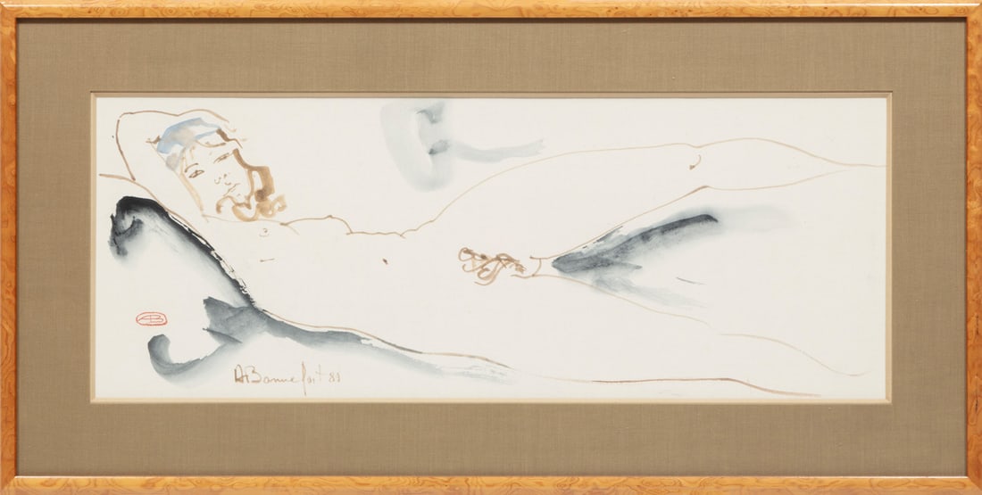 Alain Bonnefoit, French b. 1937, "Nue Allong?e", ink wash on paper (1 of 3)