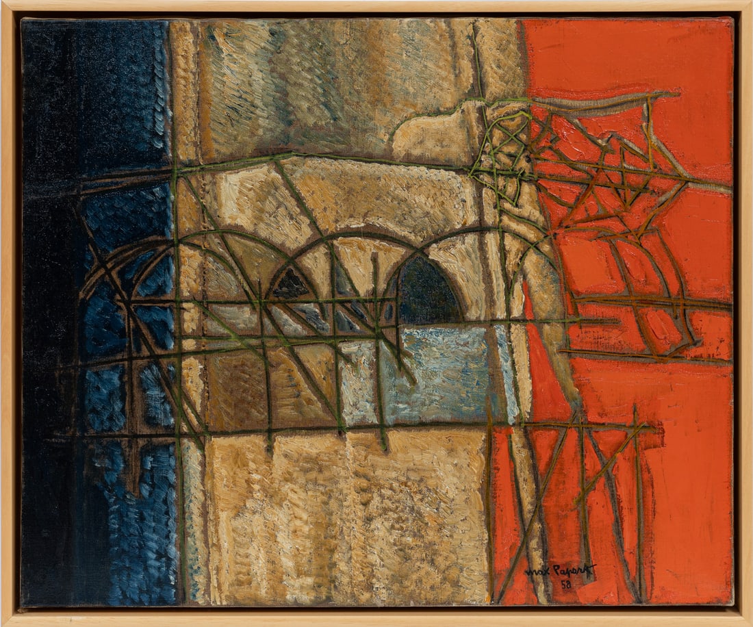 Max Papart, French 1911-1994, ?14 Julliet ? Paris?, oil on canvas: Max PapartFrench, 1911-1994?14 Julliet ? Paris?oil on canvas1958, signed and dated lower right, signed, titled and dated en verso, framed.23 3/4 x 28 3/4 in. (60.3 x 73 cm.), Frame: 25 1/4 x 30 1/4 x