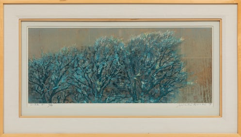 Joichi Hoshi, Japanese 1913-1979, ?Tree Scene (F)?, woodblock with gilt details