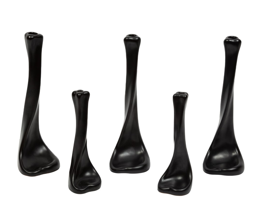 Five Elsa Peretti for Tiffany Black Glazed "Bone" Candlesticks: Five Elsa Peretti for Tiffany Black Glazed "Bone" Candlestickseach marked "E. Peretti for Tiffany Made in Italy", tallest 14 1/4 in.