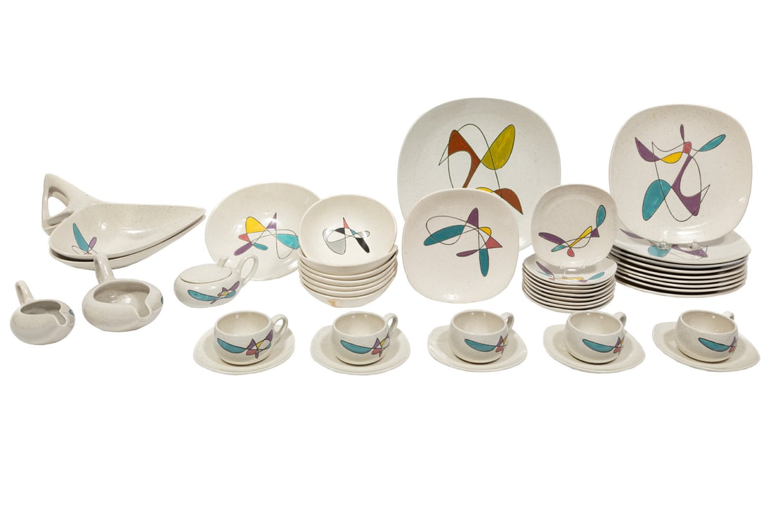 Metlox California "Mobile" Dinner Service: Metlox California "Mobile" Dinner Servicemarked, incl. 9 dinner plates (dia. 10 1/2 in.), 7 bowls, 9 small plates (dia. 6 in.), 5 cups and saucers, 2 serving dishes with handles, a platter (dia. 12 3/