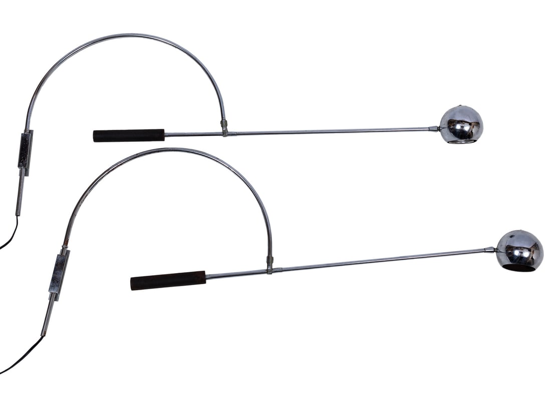Pair of Robert Sonneman Chrome "Orbiter" Swing-Arm Wall Sconces: Pair of Robert Sonneman Chrome "Orbiter" Swing-Arm Wall Sconces1970s, h. 18 in., maximum depth 40 in.
